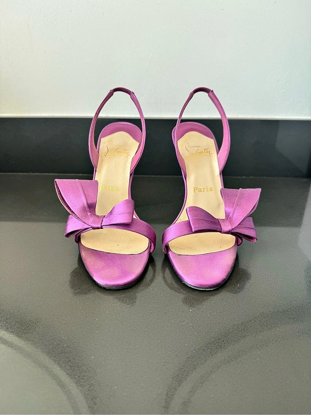 Christian Louboutin Purple Satin Bow Slingback Sandals Heels